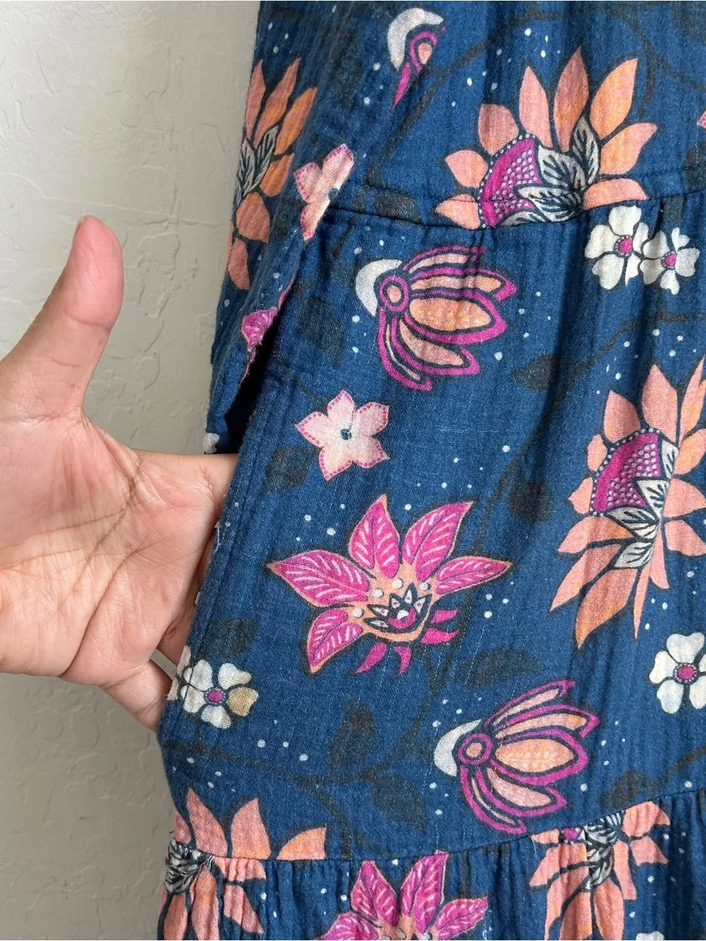Marine Layer Midi Dress XL Gauzy Pockets Long Sleeve Batik Floral Blue *READ* - Picture 5 of 15